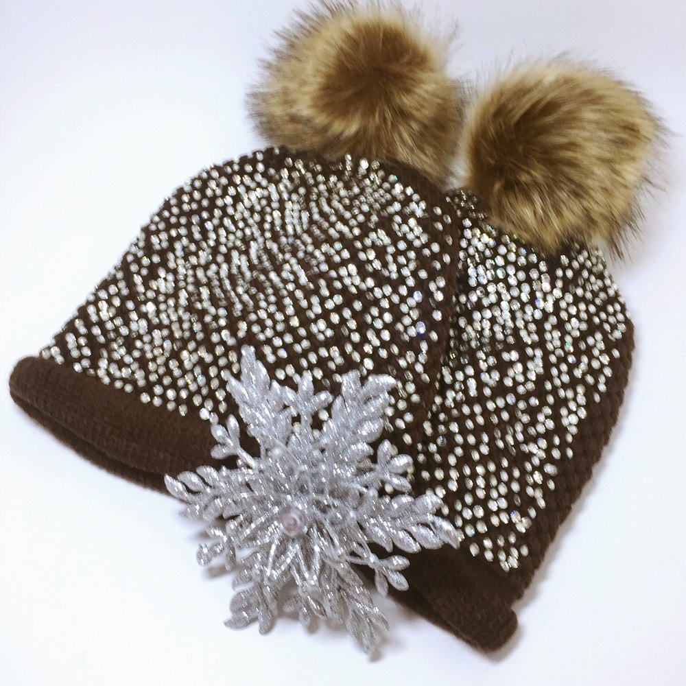 Two (2) Pom Pom Knit Hat Rhinestones Embellished